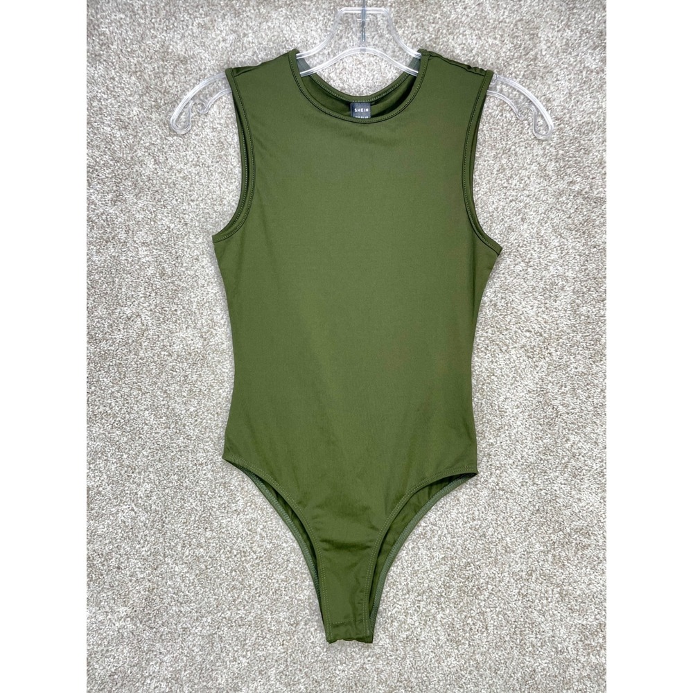 SHEIN Sleeveless Crew Neck Bodysuit Top Womens XS Olive Green Stretch Sleek NWT